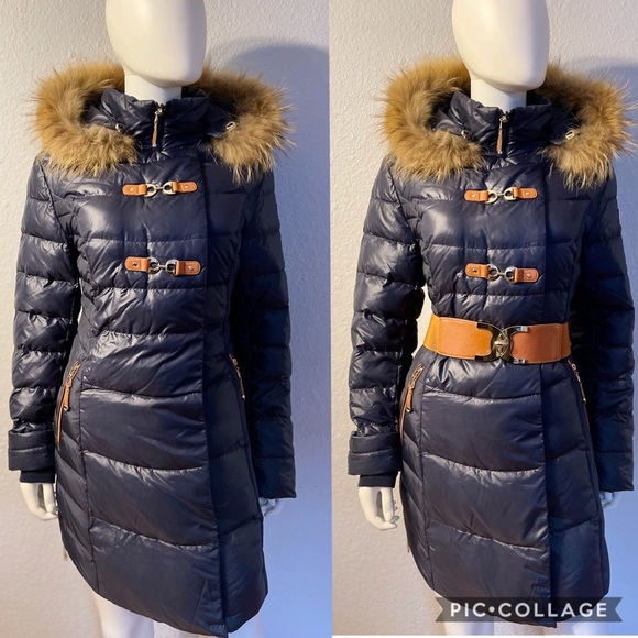 NWT WOMEN WINTER DOWN PUFFER REAL RACCOON FUR TRIM HOOD NAVY‎ PARKA COAT JACKET - Picture 6 of 11